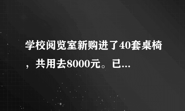 学校阅览室新购进了40套桌椅，共用去8000元。已知每把椅子75元，每张桌子多少元？解：设每张桌子x元。可以这样想：（）+（）=8000元列方程：（）也可以这样想：（ + ）×（）=8000元列方程：（）