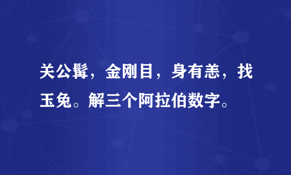 关公髯，金刚目，身有恙，找玉兔。解三个阿拉伯数字。