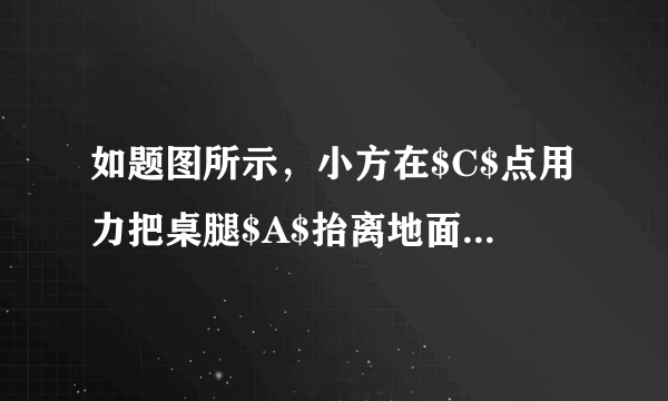 如题图所示，小方在$C$点用力把桌腿$A$抬离地面时，桌腿$B$始终没有移动，请在$C$点画出最小作用力的示意图及其力臂。