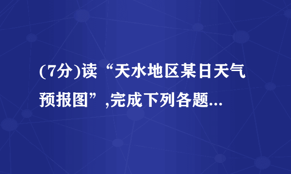 (7分)读“天水地区某日天气预报图”,完成下列各题:(1)此日天水地区的天气为________,最低气温为 ________℃,最高气温为 ________℃,一天中最高气温出现在________左右。(2)此日天水地区的昼夜长短情况是________。(3)天气预报中最基本的气候要素是(    )A . 空气质量B . 风向C . 气温和降水D . 风力