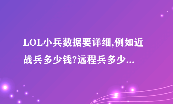 LOL小兵数据要详细,例如近战兵多少钱?远程兵多少钱,炮兵多少钱?